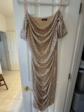 Gold Sequin Draped Midi Dress